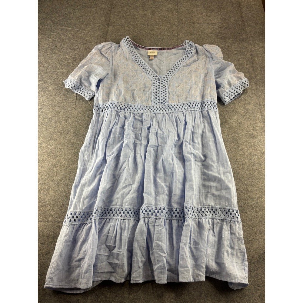 Knox Rose Blue Embroidered Crochet Trim Babydoll Mini Dress Boho V-Neck Womens L